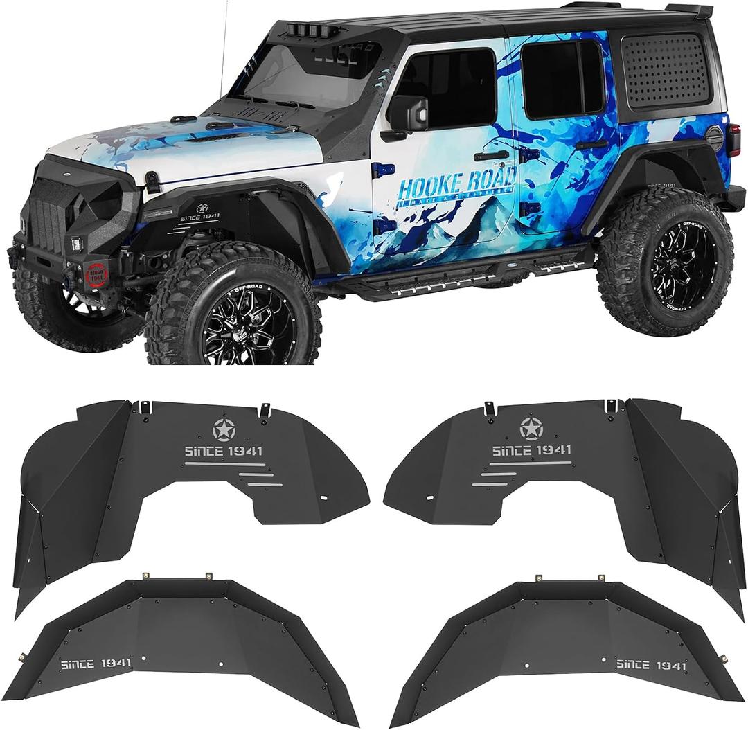 Hooke Road Wrangler JL Aluminum Inner Fender Liners for 2018-2026 Jeep Wrangler JL 2/4 Doors (Exclude Rubicon 3.6L Engine), Offroad Wheel Well Cover - 4 PCS Front & Rear Fender Liner Set
