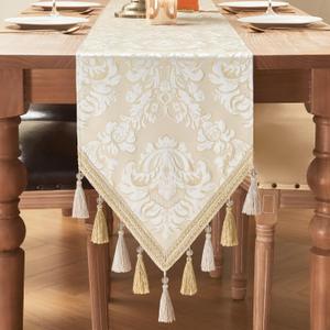 Loom and Mill Elegant Jacquard Table Runner 108 inches Long, Luxury Floral Table Runners with Handmade Multi-Tassels for Dining Room Dresser Party Holiday Banquet Decoration (Beige+White,13x108 inch)