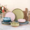 AmorArc Ceramic Dinnerware Sets for 4, 12 Pieces Handpainted Plates and Bowls Set with Rustic Terracotta Underside, Scratch Resistant Stoneware Dishes Set, Dishwasher & Microwave Safe