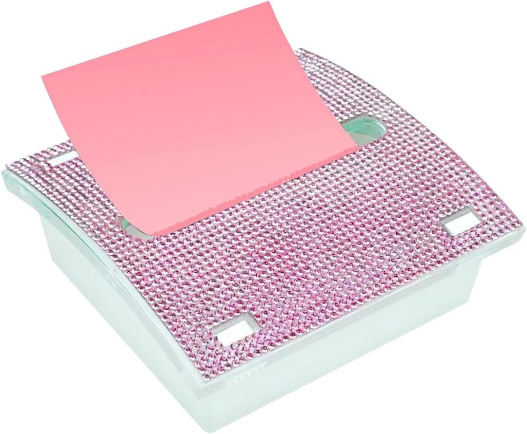 Pop up Sticky Note Holder Rhinestone Self Sticky Note Dispenser 33 Post it Dispenser for Pink Office Desk Accessories and Supplies, Teacher Gifts(White Pink)