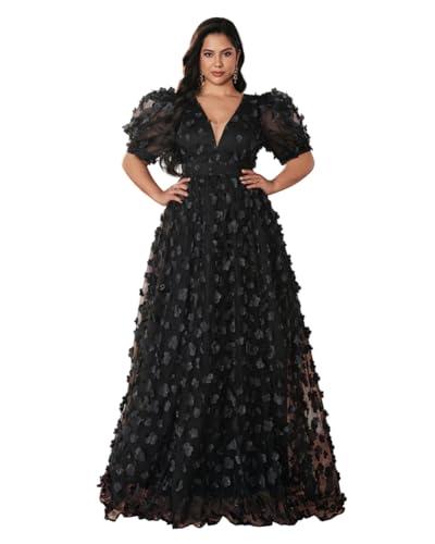 Women's Plus Size Puffy Sleeve V Neck A Line Floral Tulle Formal Maxi Dress Prom Evening Party Gowns Black XXL