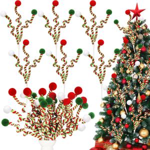 Norme 12 Pcs 13.8 Inch Christmas Tree Picks Christmas Tree Topper Decoration Red Green and White Artificial Curly Stem with Ball Pompom Ornament for Xmas Vase Filler Wreath Craft Supplies