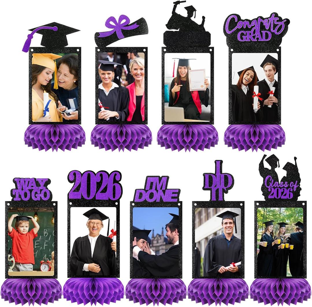 Spiareal 9 Pcs Graduation Decorations Class of 2026 Table Centerpieces Congrats Glitter Grad Honeycomb for Photo Toppers 2026 Congratulate Graduation Party Decor Favor Supplies(Purple)
