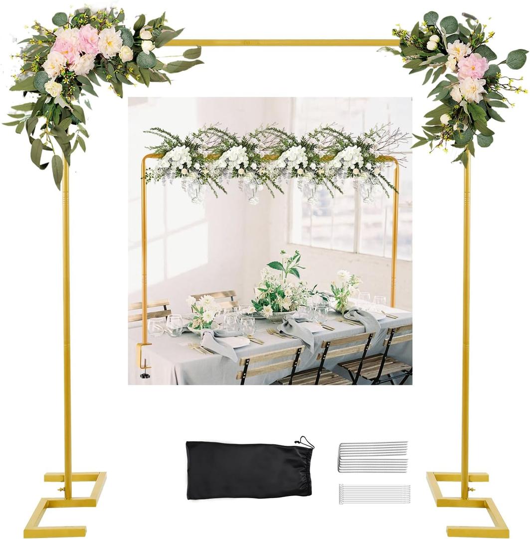Nisoger 8.2 FT Wedding Arch Rectangle Stand Square Backdrop Stand , Extra Clamps to Table Rod Stand, Adjustable Photo Booth Background Kit, Balloon Arch Stand for Birthday Party Baby Shower Decor (Matte Gold)
