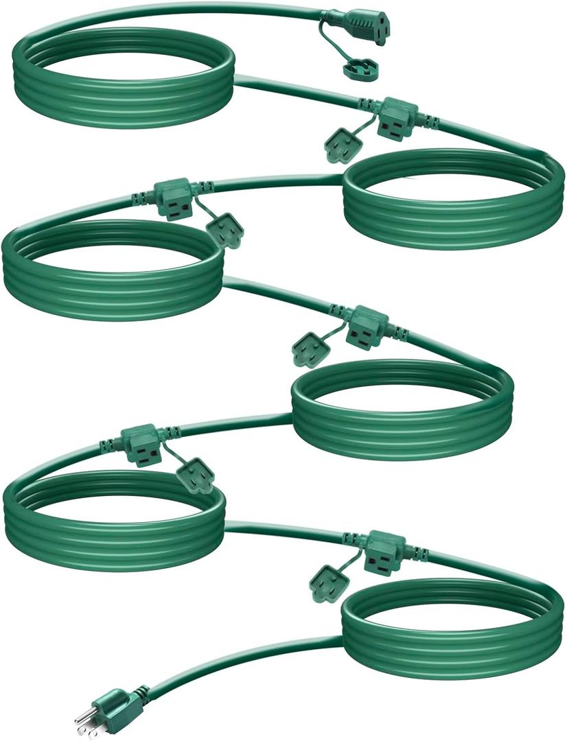 Green Outdoor Extension Cord with Multiple Outlets, 25ft Christmas Light Extension Cord Outside, Evenly Spaced 6 Plugs, 16/3 SJTW Weatherproof Wire for Landscaping Light, Holiday Party Decoration