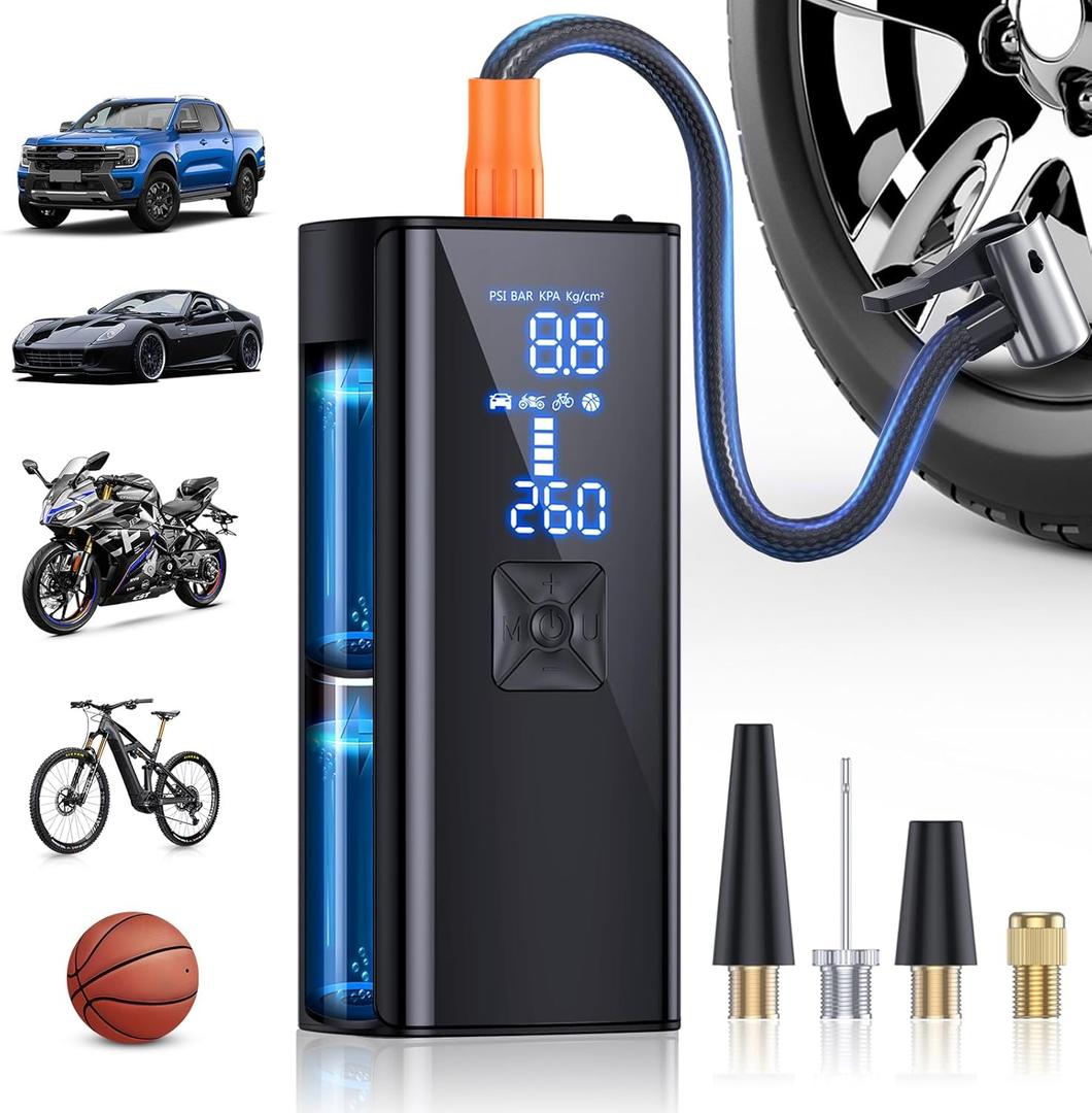Tire Inflator Portable Air Compressor, 150PSI & 25000mAh Portable Air Compressor with Digital Pressure Gauge, 2X Faster Inflation Cordless Air Pump for Car, Motorcycle, Bicycle and More (Black)