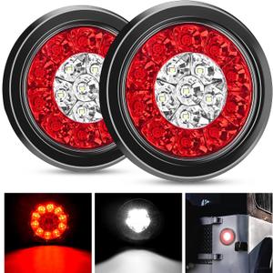 Nilight 2PCS 4 Inch Round Red White LED Trailer Tail Lights 16LEDs Flush Mount Grommets IP67 Waterproof Stop Brake Running Reverse Light for Trucks Trailers RV