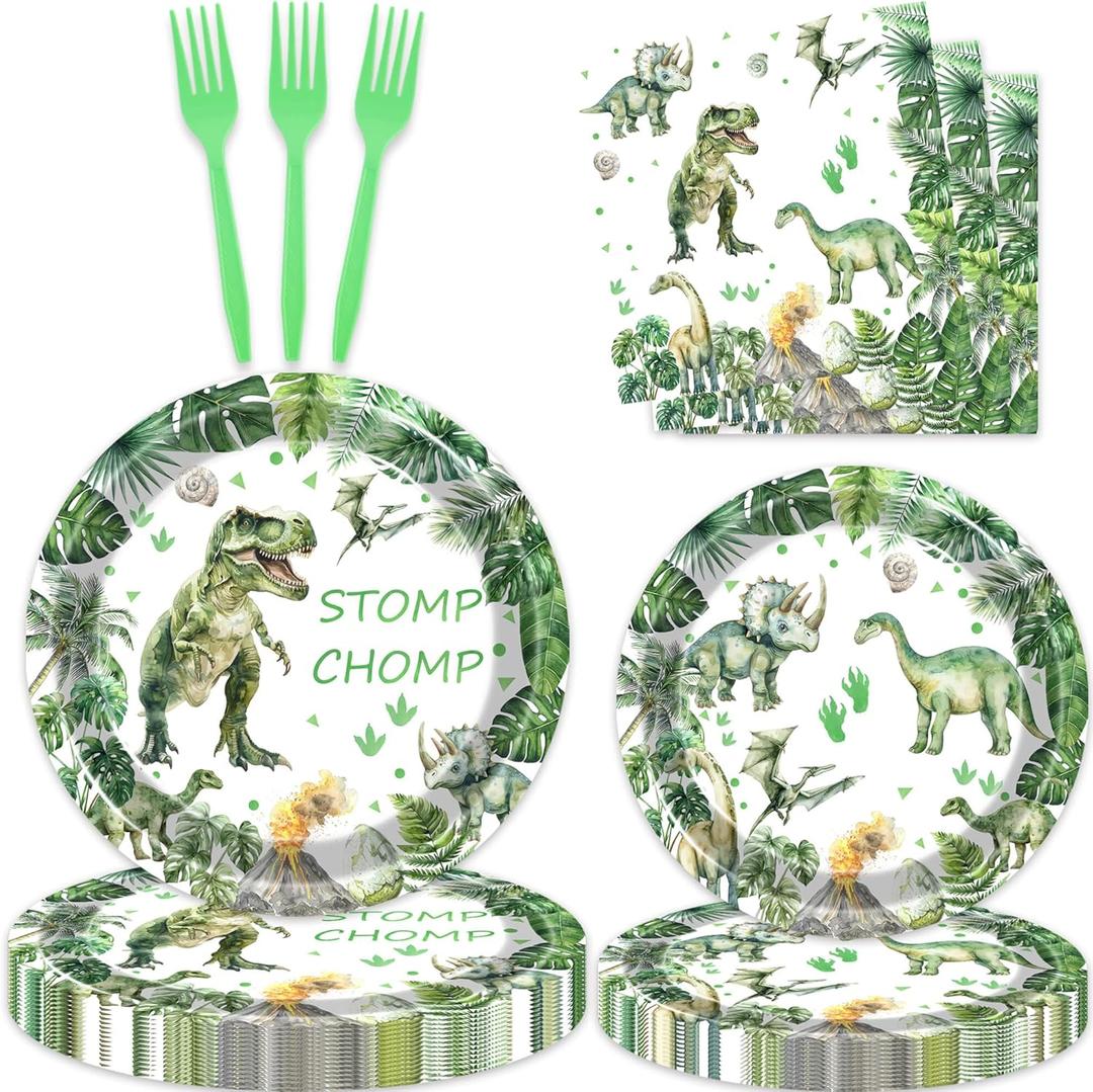 80 Pcs Watercolor Dinosaur Birthday Decorations Green Dino Paper Dinner Plates Napkins Forks Dinnerware for Dinosaur Theme Baby Shower Boys 1st 2nd 3rd 4th Birthday Party Supplies