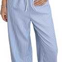 RoseSeek Women's Striped Print Straight Wide Leg Linen Pants Drawstring Waist Slant Pockets Pants Casual Long Pants, XL