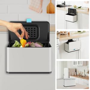 Stainless Steel Hanging Trash Can with Lid and Inner Bucket, 1 Gallon Kitchen Compost Bin for Counter Top, Under Sink or Wall Mount, Small Garbage Can for Cupboard/Bathroom/Bedroom/RV, White (4L/1 GAL)