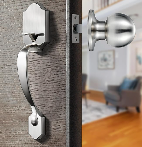 Satin Nickel Front Door Knob Handle, Entry Door Handle and Reversible Handle Knob, Exterior Front Door Handle Only