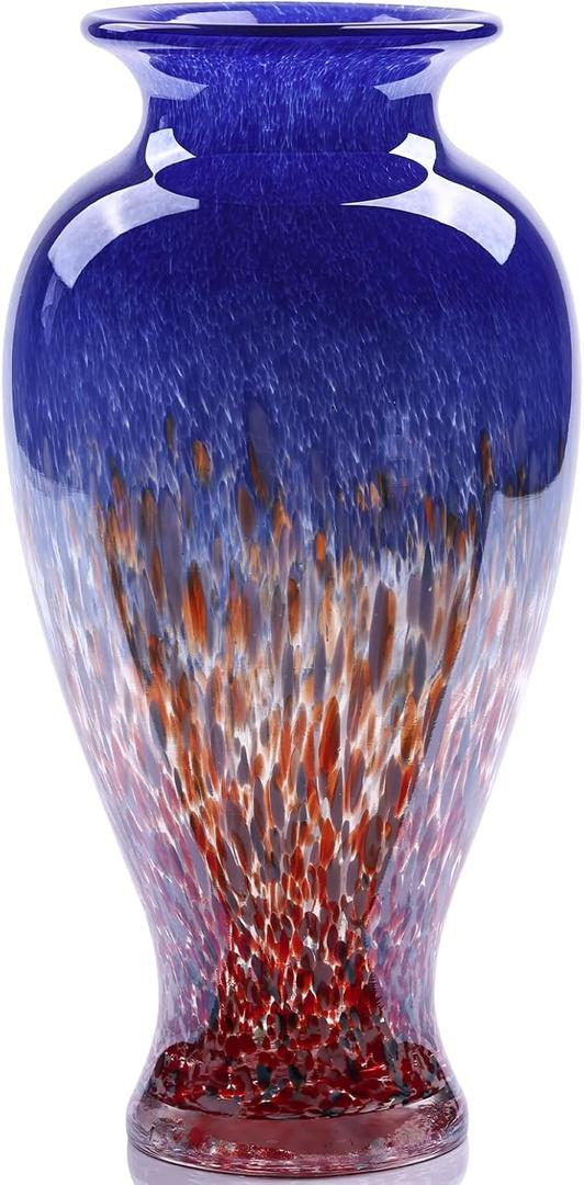 oliruim 11.8" Tall Blown Blue Glass Vase, Colorful Opaque Glass Vase, Unique Design Wide Mouth Art Decoration for Home, Living Room, Dining Table, Pampas Grass Decor (Blue)