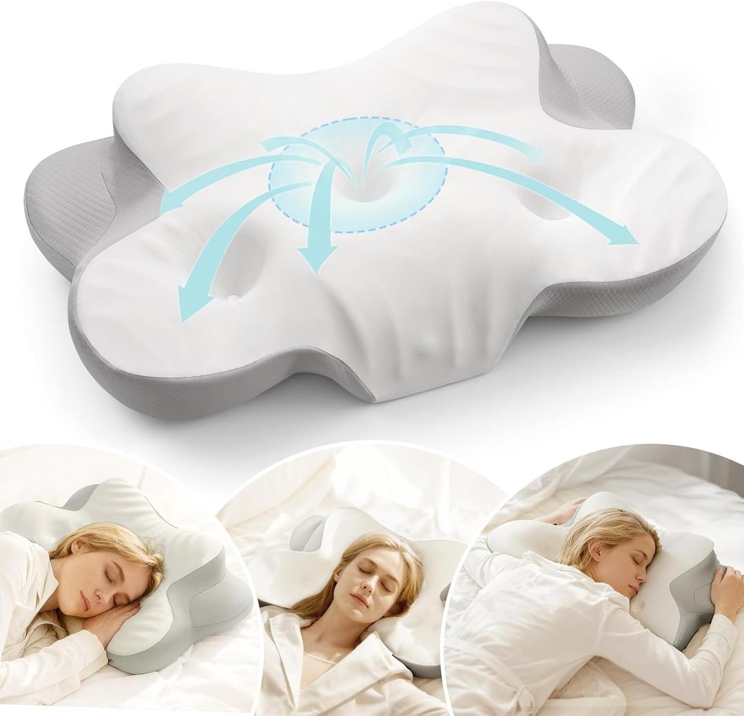 Cervical Pillow for Neck and Shoulder, Ergonomic Memory Foam Pillows for Sleeping, Dual Ear Relief Zone Contour Pillow, Support Pillow for Side Back Stomach Sleepers (White)