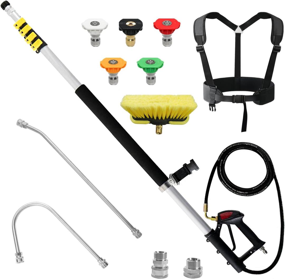 janz Aluminum 24 FT Telescoping Pressure Washer Wand with Pressure Washer Extension Wand,Gutter Cleaner Attachment, 5 Spray Nozzle Tips, 2 Hose Inlet Adapters and Support Harness