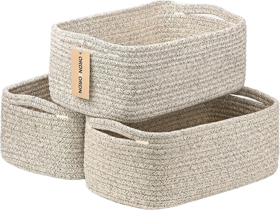 Ordn2Ordn Small Storage Baskets for Organizing, Woven Storage Bins for Shelves, Gift Basket Empty, Cute Decorative Closet Organizer, Baby Rope Basket, Dog Toy Storage, 11x7.5x4.5, 3Packs Mixed Brown