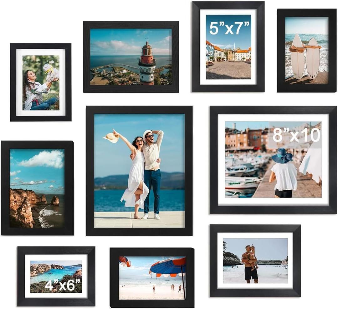 10 Pack Black Picture Frames Set, Gallery Wall Frame Set with Mat, Collage Photo Frames for Wall Mounting or Tabletop Display, Multi Sizes 8x10 5x7 4x6 for Living Room Bedroom Office