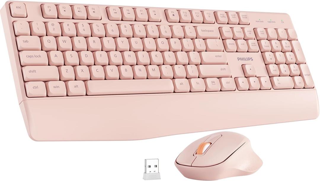 PHILIPS Wireless Keyboard and Mouse Combo-Ergonomic Keyboard and Mouse Wireless Combo with Silent Design,Plug n' Play,Sleep Mode and 2.4GHz Keyboard for Mac, Windows, Laptop-Pink