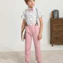 DISAUR Boys Suits 3 Pieces Formal Dress Shirt with Bowtie+Suspender Pants Boy Gentleman Outfits Set (Pink, 4-5T)