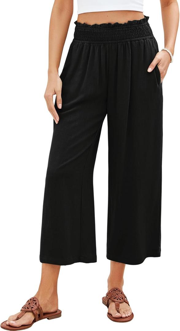 GRAPENT Capri Pants for Women High Waisted Wide Leg Linen Palazzo Trousers Pull On Elastic Smock Waist Loose Flowy Pants (X-Large, Black)
