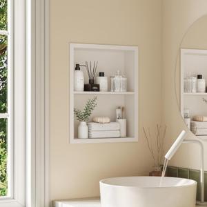 Qeke 14x18 Medicine Cabinet Recessed, Medicine Cabinet Without Mirror, 304 Stainless Steel Medicine Wall Niche with Double Shelves, Matte White