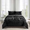 Fredsure Distressed Velvet Quilt Set, 3 Pieces Black Queen, Distressed Velvet Face and Brushed Microfiber Reverse with Diamond Quilting