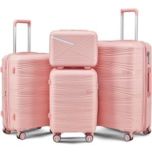4 Piece Luggage Set PP Hardshell, Expandable Suitcase Set (20/24/28) with 14" Cosmetic Case, Lightweight Spinner Wheels with TSA Lock, Detachable Wheels for Nesting Storage (Pink)