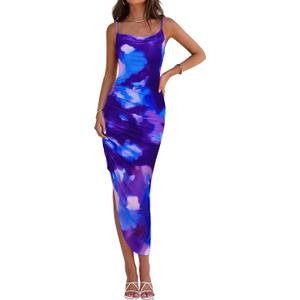 PRETTYGARDEN Women 2025 Summer Mesh Dress Spaghetti Strap Cowl Neck Print Ruched Bodycon Dresses Asymmetrical Long Dress (Blue)