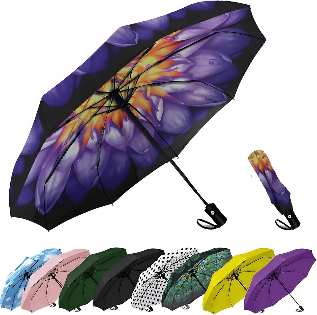 SIEPASA Windproof Travel Compact Umbrella-Automatic Umbrellas for Rain-Compact Folding Umbrella, Travel Umbrella Compact, Small Portable Windproof Umbrellas for Men Women Teenage. (Water Lily) (42 Inch-1 Pack)