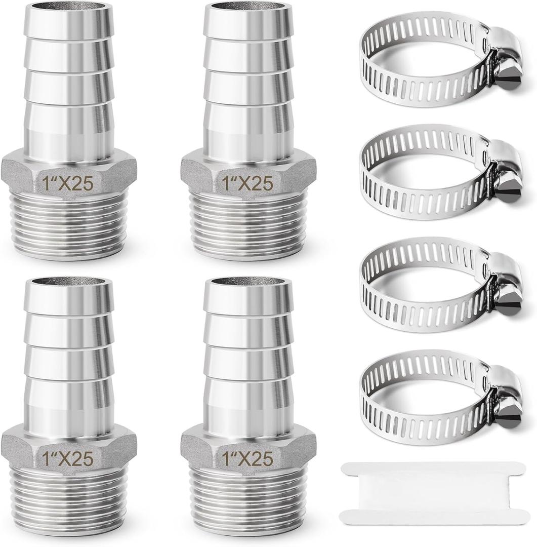 Stainless Steel Barbed Hose Fittings, 1" Hose Barb to 1" Male NPT Home Brew Fitting Water Fuel Air, Hose Barb Fittings Air Hose Repair Kit, Barbed Adapter with Hose Clamp, 9PCS