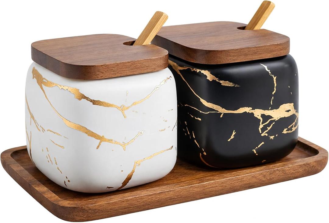 2 Sets of Marble Ceramic Sugar Bowl Ceramic Seasoning Jars with Wooden Lid and Wooden Spoon(Black and White)
