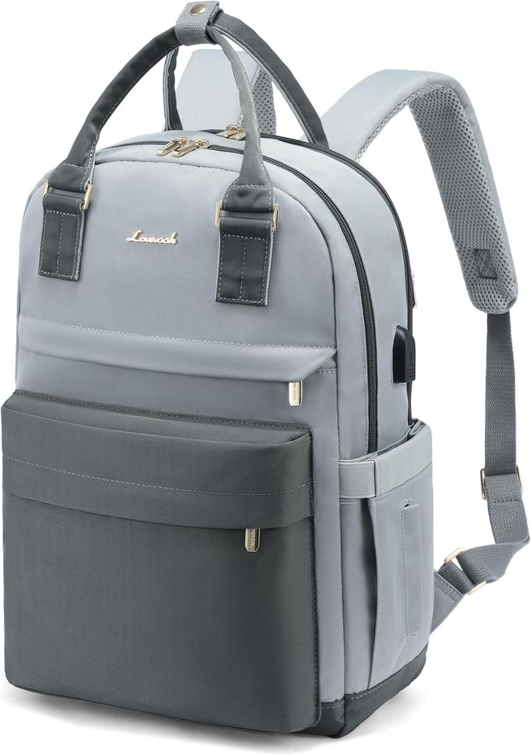 LOVEVOOK Travel Laptop Backpack Women Anti-theft Laptop Bag with USB Port Waterproof Computer Backpack for Nurse College Work (15.6 Inch, Light Grey & Dark Grey-1)