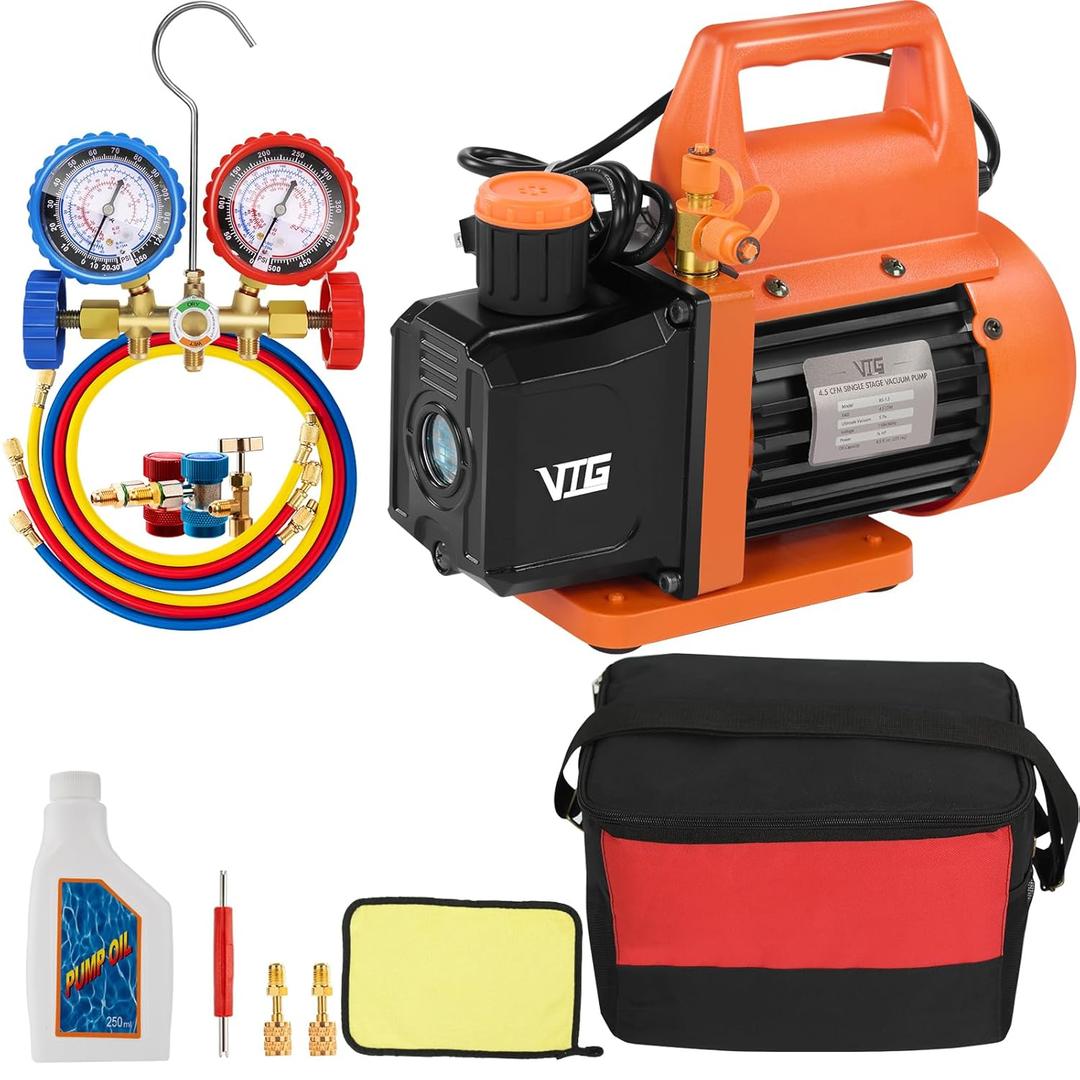 4.5 CFM AC Vacuum Pump and Gauge Set,for Mini Split/HVAC/Auto Systems,Manifold Gauge Kit Compatible with R134a R12 R22 R502,Includes R134a Can Tap,R410a Adapters
