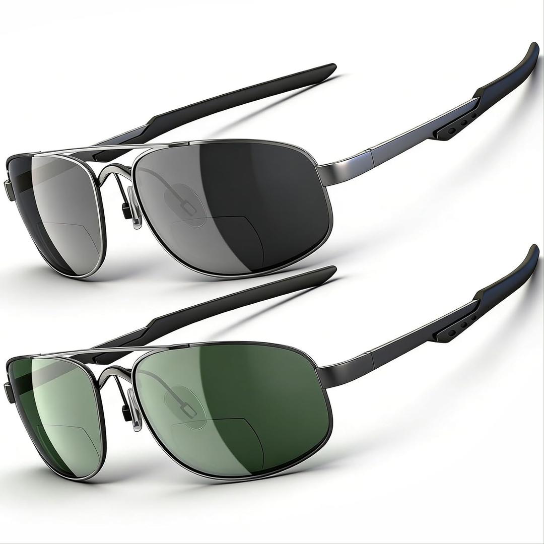 JO Bifocal Reading Glasses Sunglasses 2 Pack - UV400 Protection Aviator Bifocal Sun Reader for Men (Black/ Gun-Metal, 2.5, x)