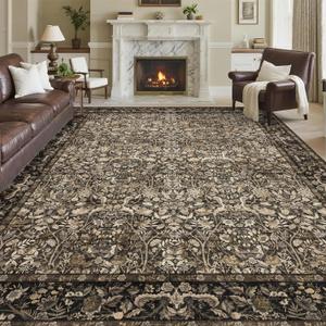 Washable Living Room Rug: 10x14 Boho Floral Soft Area Rug for Bedroom Decor - Vintage Low Pile Thin Carpet for Dining Room Non-Slip - Farmhouse Stain Resistant Rugs - Dark Brown