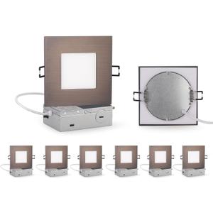 ZYC 4-inch Square Recessed Lighting - Ultra Thin Dimmable Square LED Ceiling Light,5 Color Temperature 2700-5000K Selectable,9W 800LM High Brightness,Canless Wafer Downlight,Pack of 6 Bronze.