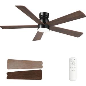 Flush Mount Ceiling Fans with Lights, 52 inch Low Profile Indoor Ceiling Fan with Light and Remote Control, Reversible, LED Dimmable, Noiseless, Modern Black Ceiling Fan for Bedroom Living Room