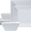 TP 12-Piece Melamine Dinnerware Sets, Plates and Bowls Dishes Set for 4, Break-Resistant & Non-Microwavable, Lightweight Square Dinner Plates, White