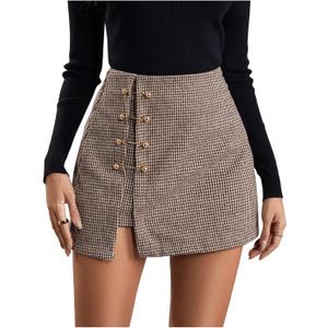 WDIRARA Women's Side Slit Metallic Trim High Waisted Faux Leather Short Skirts (Medium, Brown Plaid)