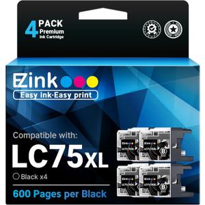 E-Z Ink Compatible Ink Cartridge Replacement for Brother LC75XL High Yield Compatible with MFC-J6510DW MFC-J6710DW MFC-J6910DW MFC-J280W MFC-J425W (Black, 4 Pack)
