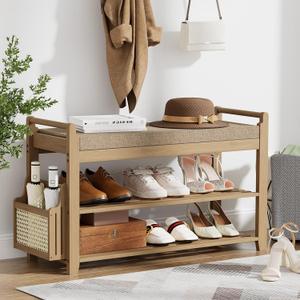 Homaxy 2-Tier Shoe Rack Bench, 31.5 in, Walnut and Light Brown | Bamboo Entryway Bench, with Side Holder, Shoe Rack Organizer with Cushion for Front Entrance, Hallway Living Room Bedroom