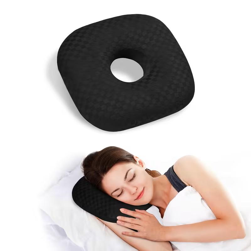 Babyezz Ear Piercing Pillow for Side Sleepers - Ear Hole Pillows for Ear Pain Inflammation, CNH & Pain Relief, O-Shaped Orthopedic Pillow for Pressure Sores, Soft Cotton (Black)