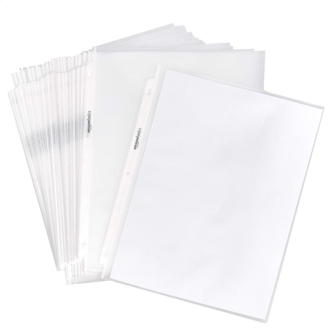 Amazon Basics Heavy Duty Non-Glare Sheet Protector for Documents, 3 Ring Binder, Top Loading, Letter Size 8.5 x 11 inch, Clear, 100-Pack