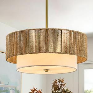 Boho Rattan Chandelier 18'' Gold Hand Woven Chandeliers with Fabric Shade 4-Light Drum Pendant Light Fixture for Dining Room Bedroom Kitchen Hallway Foyer