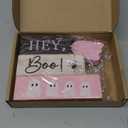 Lineshading 4 Pcs Pink Halloween Decor Ghost Table Decorations Halloween Tiered Tray Decor Farmhouse Ghost Tabletop Centerpiece Rustic Pink Block Sign Gift for Home Kitchen Shelf Office Mantel