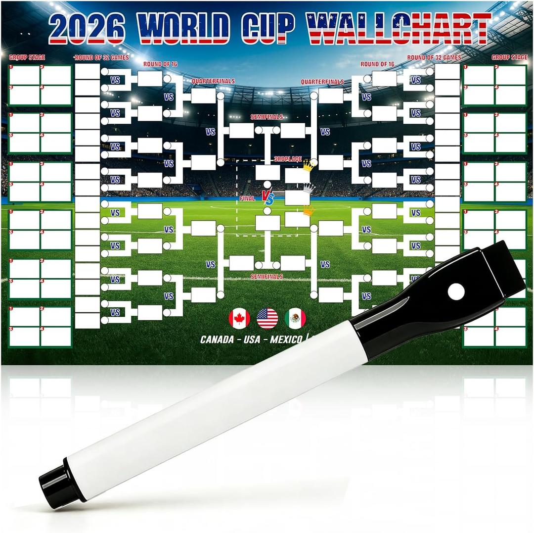 DLPL World Cup 2026 Schedule Soccer Poster, 23.616.5 Inch with Black Dry Erase Marker, World Cup 2026 Merchandise for Soccer Fans & Party Decor