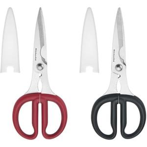 KitchenAid Multipurpose Shear Set, Versatile Scissors with Nutcracker, Bottle Opener, Ergonomic Handles with Protective Blade Covers, 2 Piece (Black/Red)