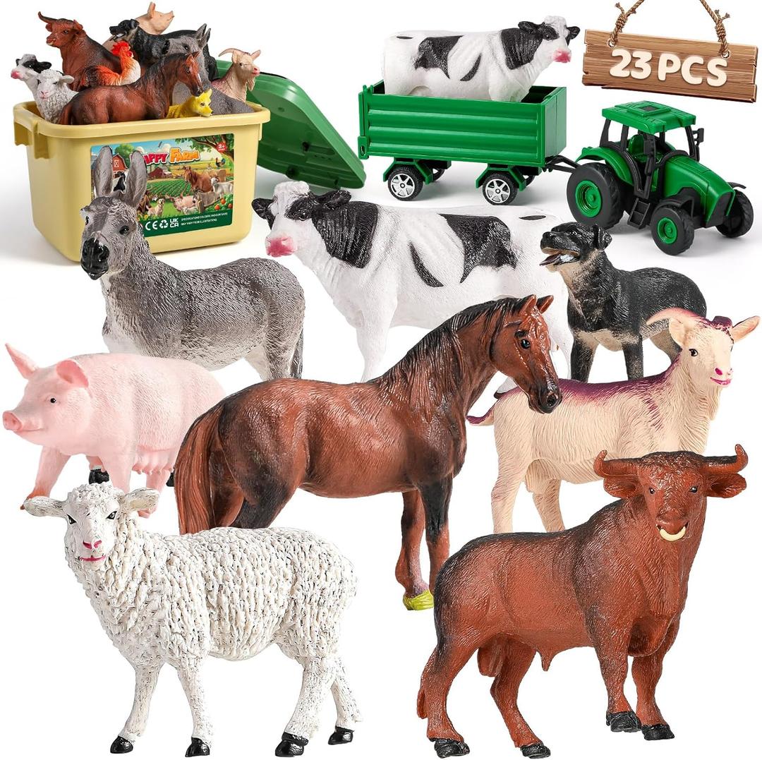 Farm Animal Toys for Toddlers,23 PCS Animal Toys with Realistic Animal Figurines,Tractor Toy and Fence,Farm Playset Educational Learning Toys for Toddlers Kids 3-5