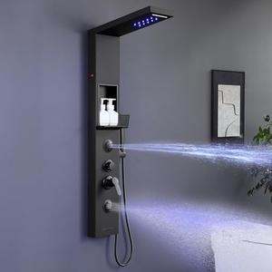 ROVATE LED Shower Panel Tower System with Shelf - Matte Black Rainfall Waterfall Shower Tower with Mist and Massage Body Jets, Handheld, Tub Spout, Powerful Shower Column Stainless Steel