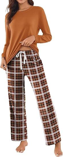 Ekouaer Women's Pajama Pants Pjs with Pockets 2XL, Brown Plaid