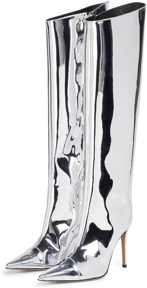 MissHeel Metallic Chrome Stiletto Knee High Fashion Boots with Side Zipper (9, Silver)